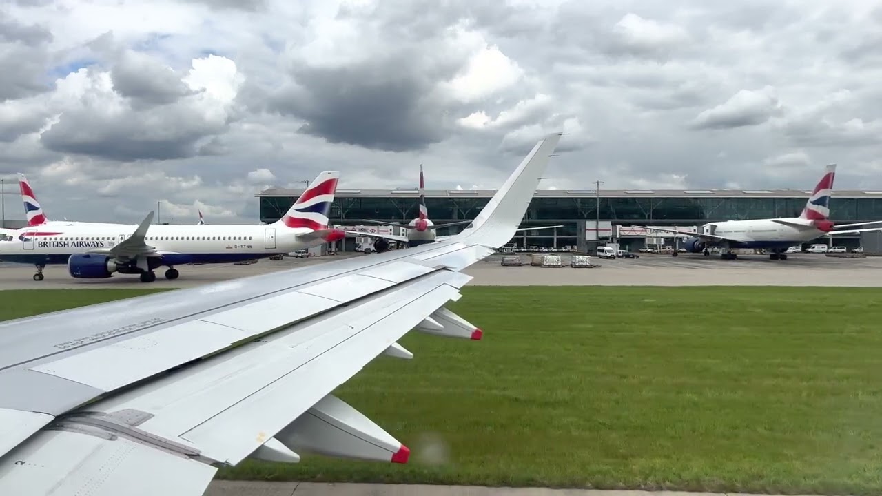 Wing View - British Airways A321neo BA396 - Long Scenic Taxi at Heathrow and Take-Off (EGLL/LHR)