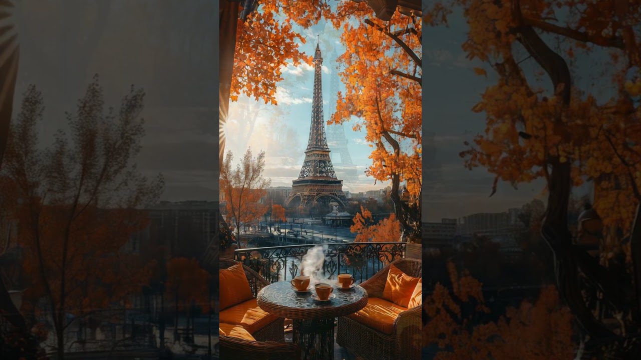 Relaxing Jazz Coffee Shop Ambience | Eiffel Tower View & Autumn Leaves