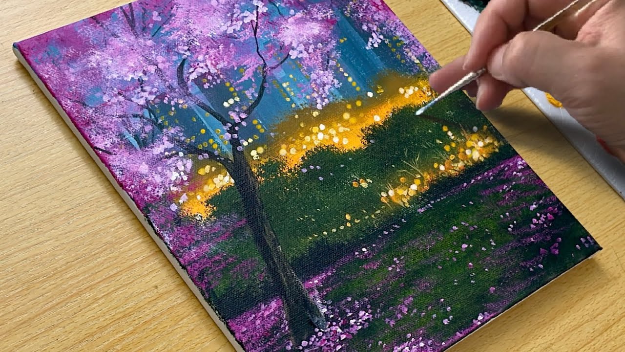 How to Draw Cherry Blossom Scenery / Acrylic Painting