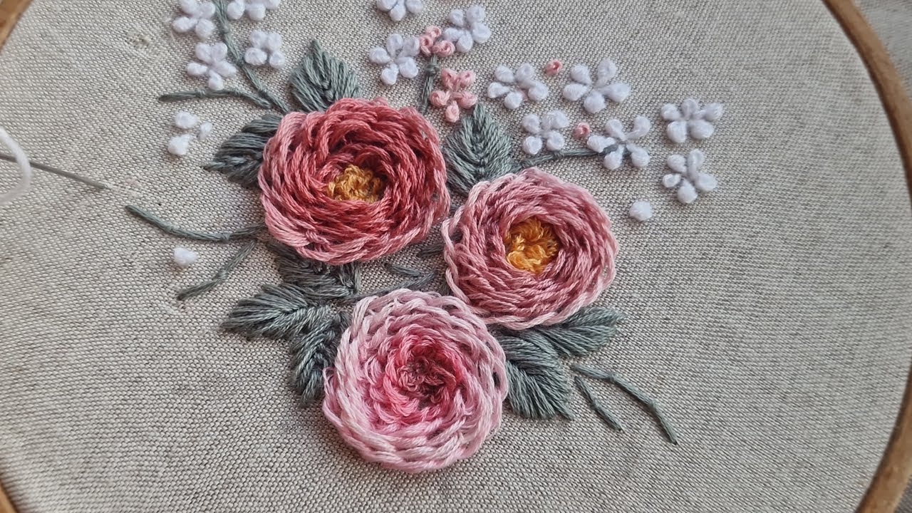 Bouquet of Roses - Flower Embroidery in detail - Rose Stem stitch