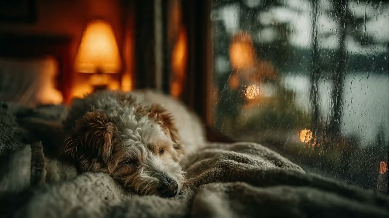 Warm Rain & Relaxing Music | Cozy Bedroom Ambience, Sleeping Dog for Peaceful Nights 🌧️🐕