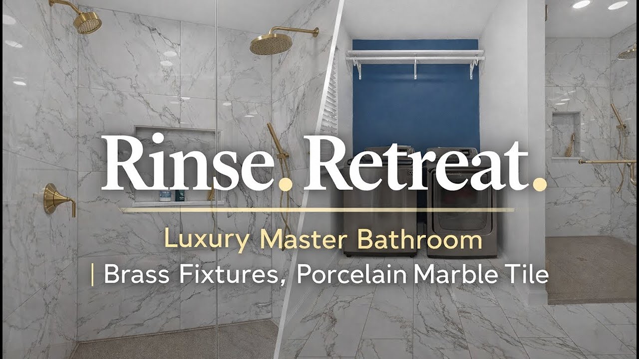 Rinse Retreat: Luxury Master Bathroom | Brass Fixtures, Porcelain Marble Tile