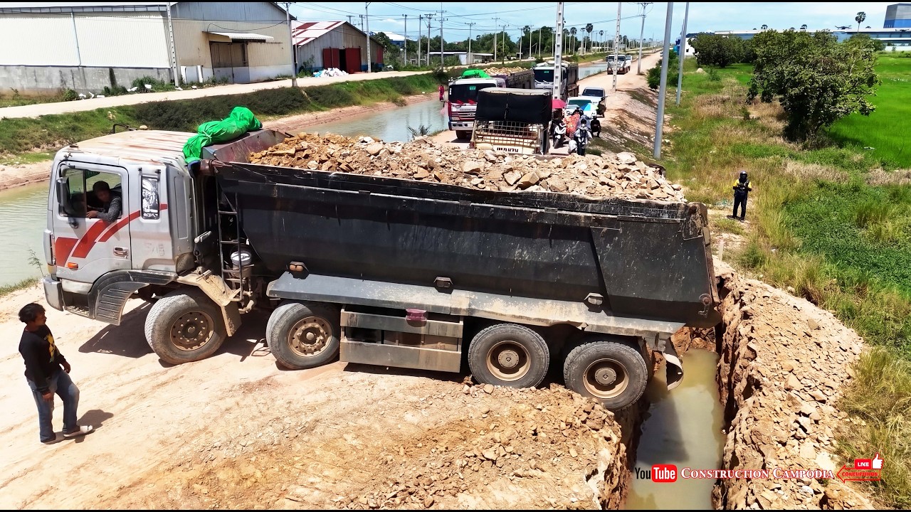 Massive Landfill Into Flood Land! Heavy Equipment Dozer Pushing Dirt with Dump Trucks Unloading Dirt