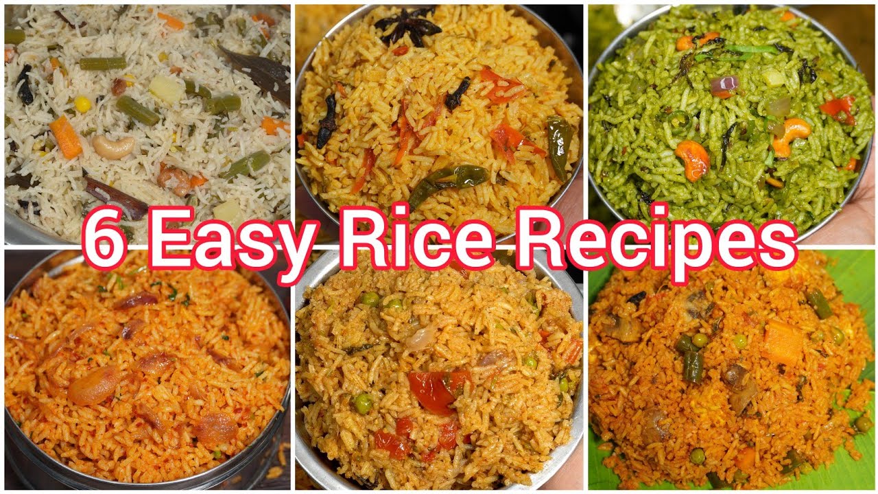 6 ಸುಲಭ ರೈಸ್ ರೆಸಿಪಿಗಳು | 6 Easy Rice Recipes | White Pulao, Kushka, Palak, Onion, Tomato & Red Pulao