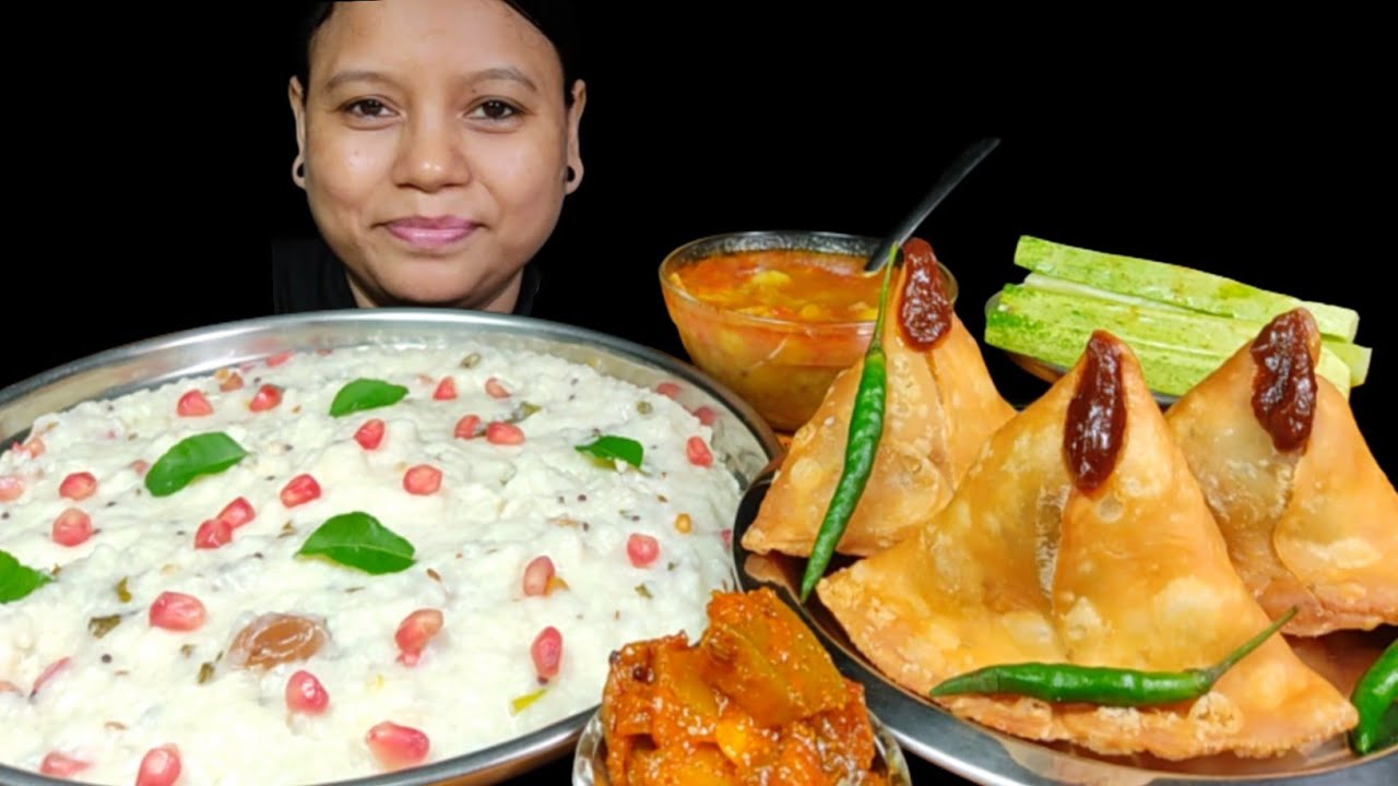 Eating Curd Rice with Spicy Mango Pickle, Samosa & Aloo ki Sabji | Eating Show | Asmr Mukbang