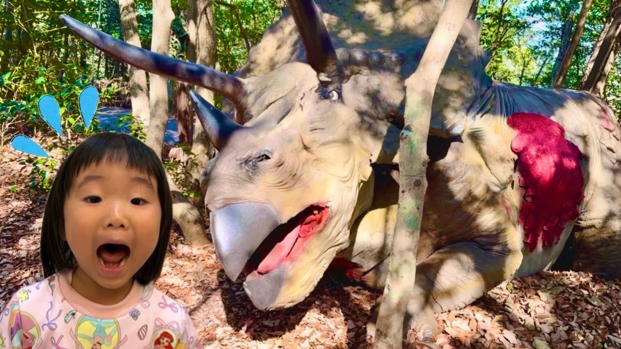 トリケラトプスが大怪我？！　なのキッズ　ディノアドベンチャー　トリケラトプス　ティラノサウルス　恐竜　怪獣　公園　遊具　子ども　遊び　楽しい　おもちゃ　アニア　大高緑地　散歩　怪我　治療　病院　ごっこ