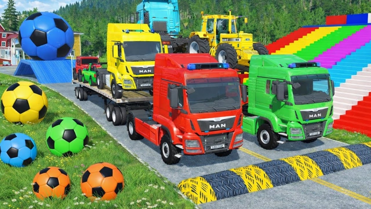 Flatbed Truck Mcqueen | Transportation with Truck - Pothole vs Truck vs Car vs Train #15 BeamNG