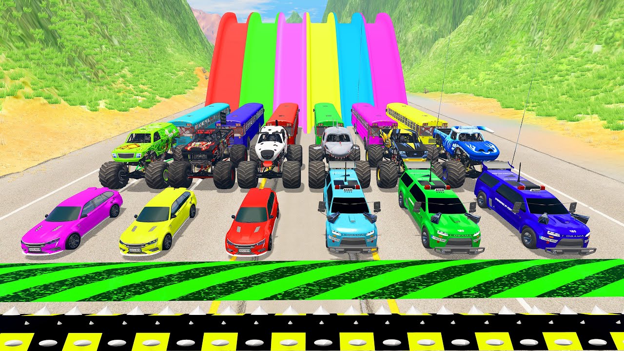 HT Gameplay Crash # 496 | Monster Truck vs Trap Colors High Speed Ramps Fail and Cars vs Speed Bumps