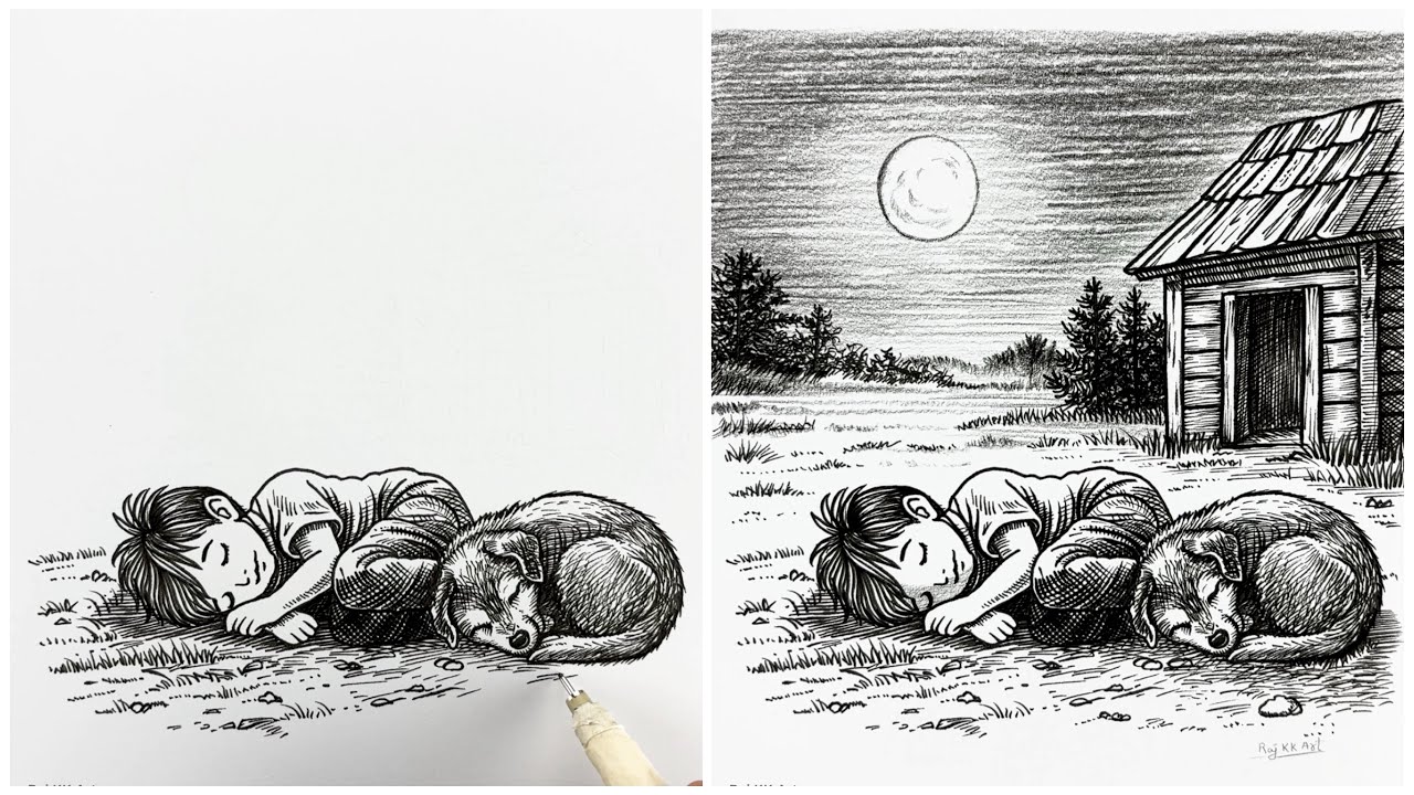HOW TO DRAW A Sleeping Village Boy With His Dog Under Moonlight Scenery
