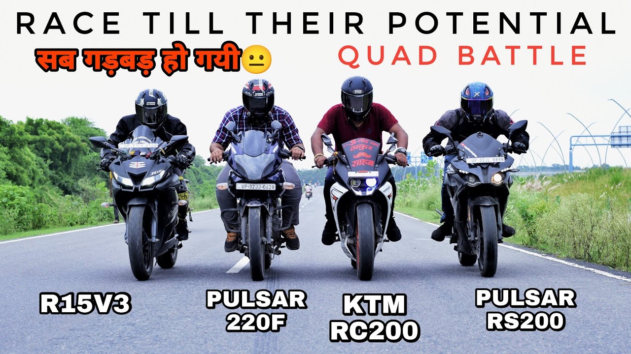 Pulsar RS200 Vs RC 200 Vs R15v3 Vs Pulsar 220F | Quad Battle | Long Race