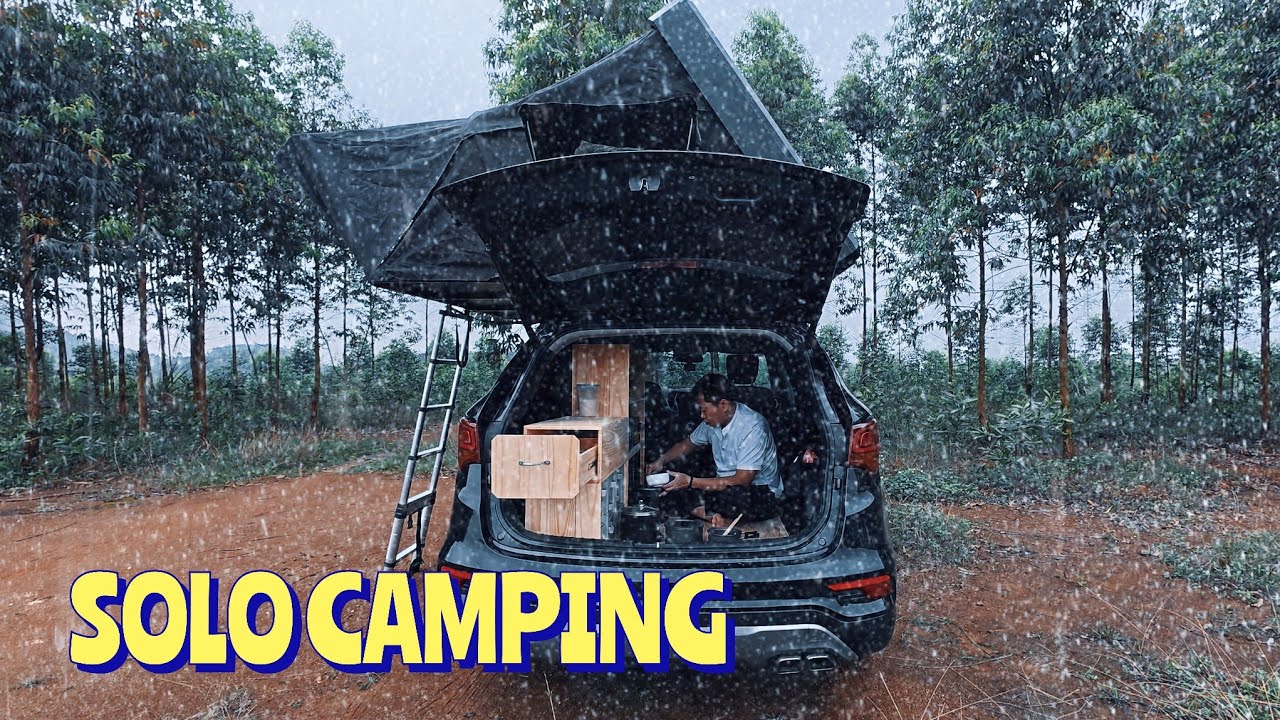 Solo Camping In Rain with SUV Camper Car DIY