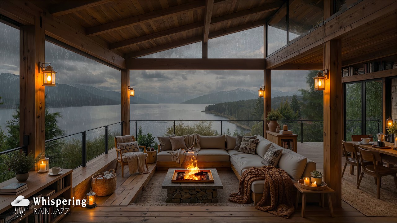 Soft Jazz Instrumental with Relaxing Rain 🌧️ Lakeview Balcony Ambience for Calm Mind