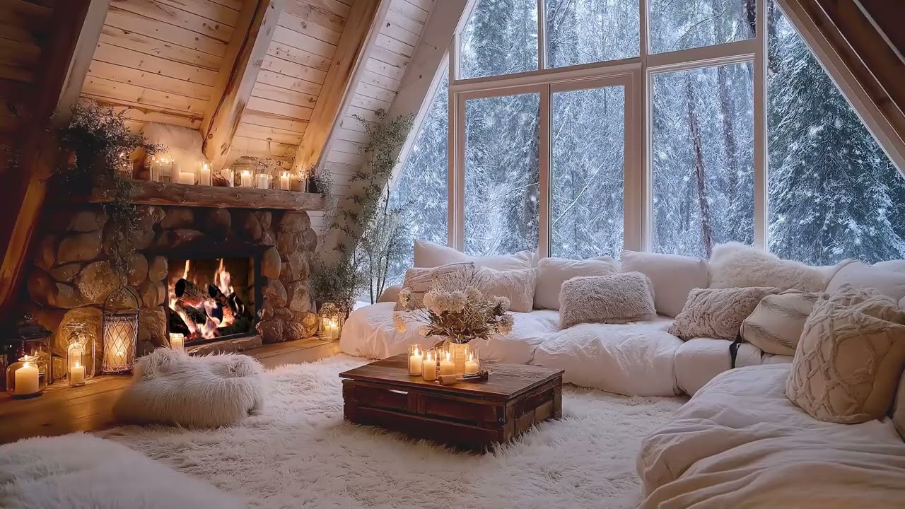 Cozy Winter Piano Lounge Ambience | Crackling Fireplace, Falling Snow | Deep Focus & Calm Meditation
