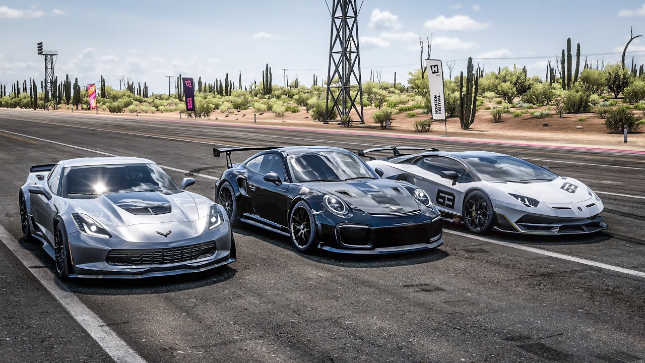 Forza Horizon 5 Drag race: Corvette Z06 (750hp) vs Porsche 911 GT2 RS vs Aventador SVJ