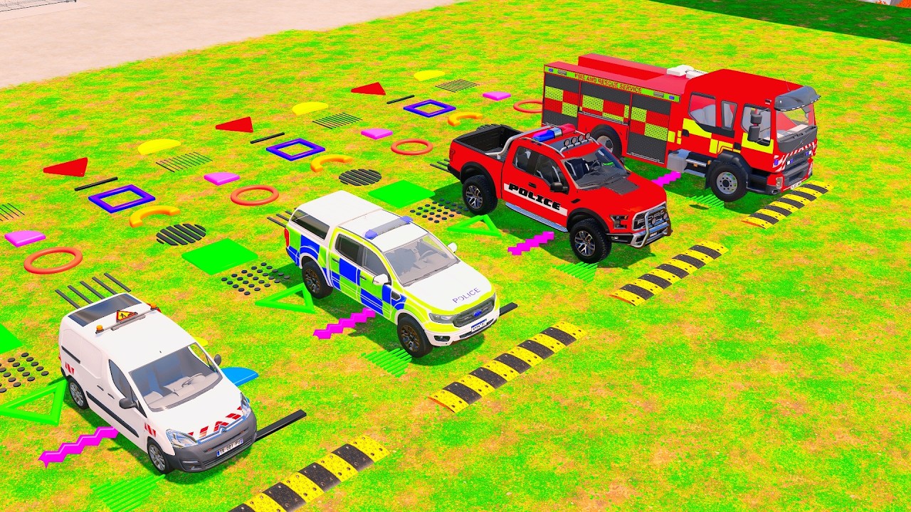 TRANSPORTING POLICE CARS, AMBULANCE, FIRE TRUCK, COLORFUL CARS WITH MAN TRUCK - FS22!