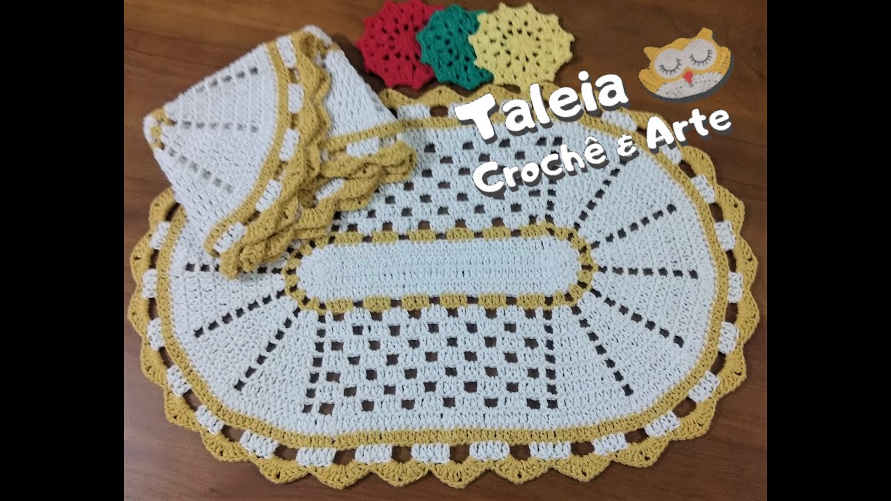 Tapete crochê oval prático barbante cru e amarelo