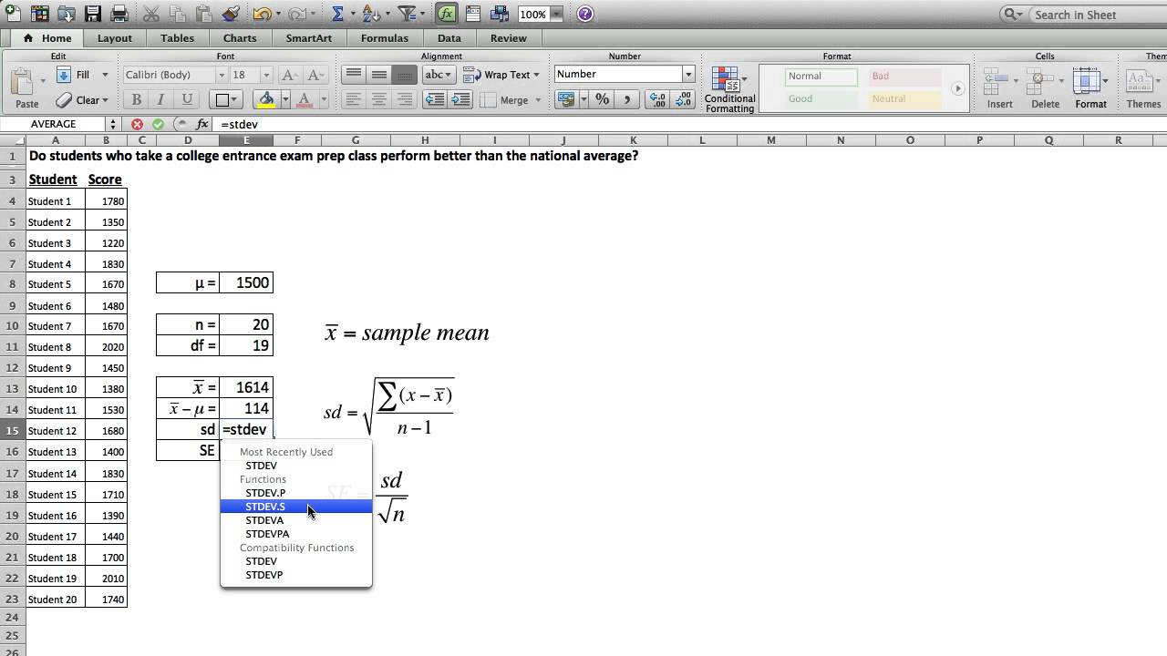 One Sample t-test in Excel - Andrew Engell