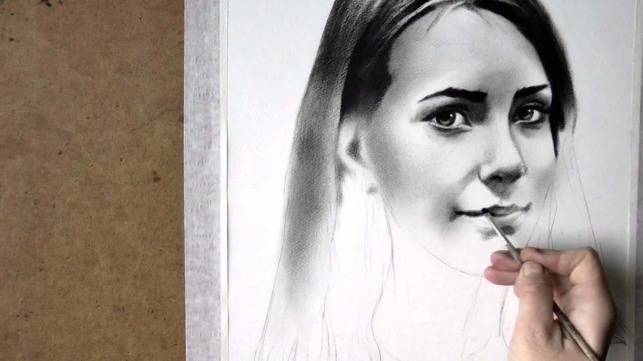 Black and white realistic speed drawing of woman portrait in dry brush
