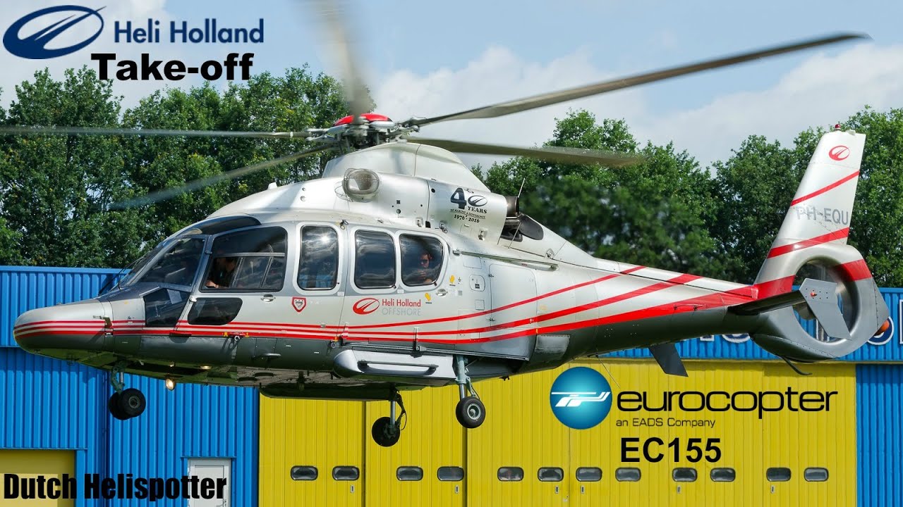 Heli Holland offshore Eurocopter EC155 (PH-EQU) Take-off from heliport Emmen