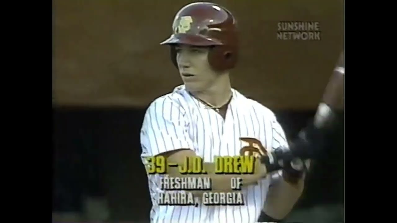 J.D. Drew strikes out for the Seminoles facing Hurricane starter RHP Jason Adge