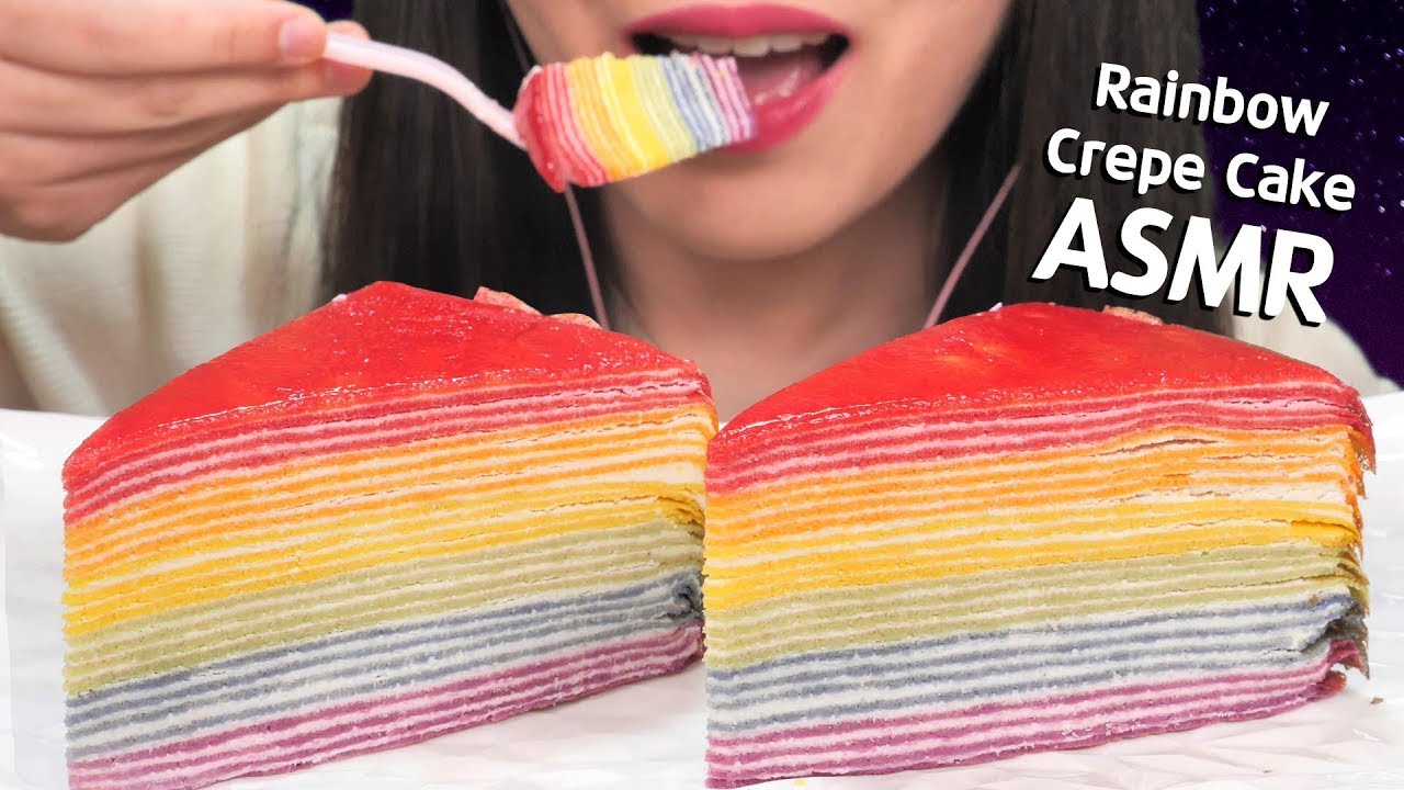 ASMR Rainbow Crepe Cake 무지개 크레이프 케이크 먹방 咀嚼音レインボークレープケーキを食べる音 音フェチ social eating mukbang show