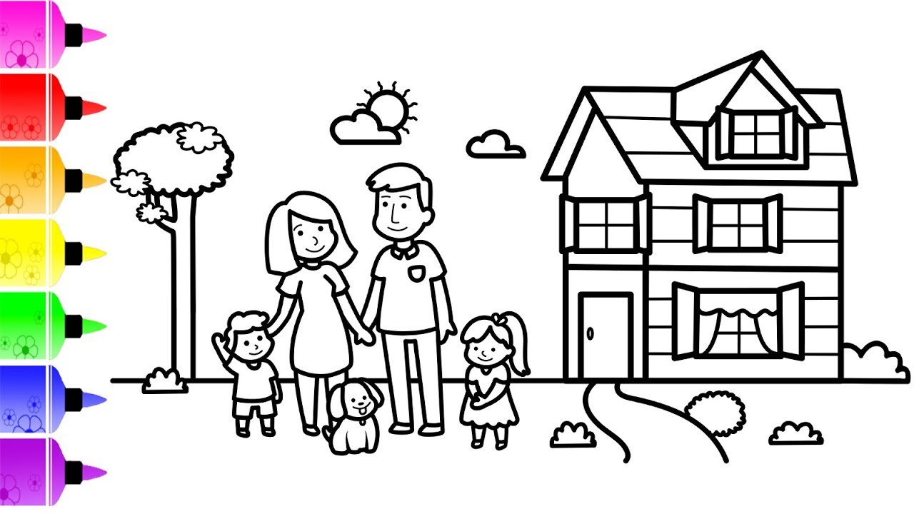 How to Draw Happy Family near New House - Rocket Coloring Page