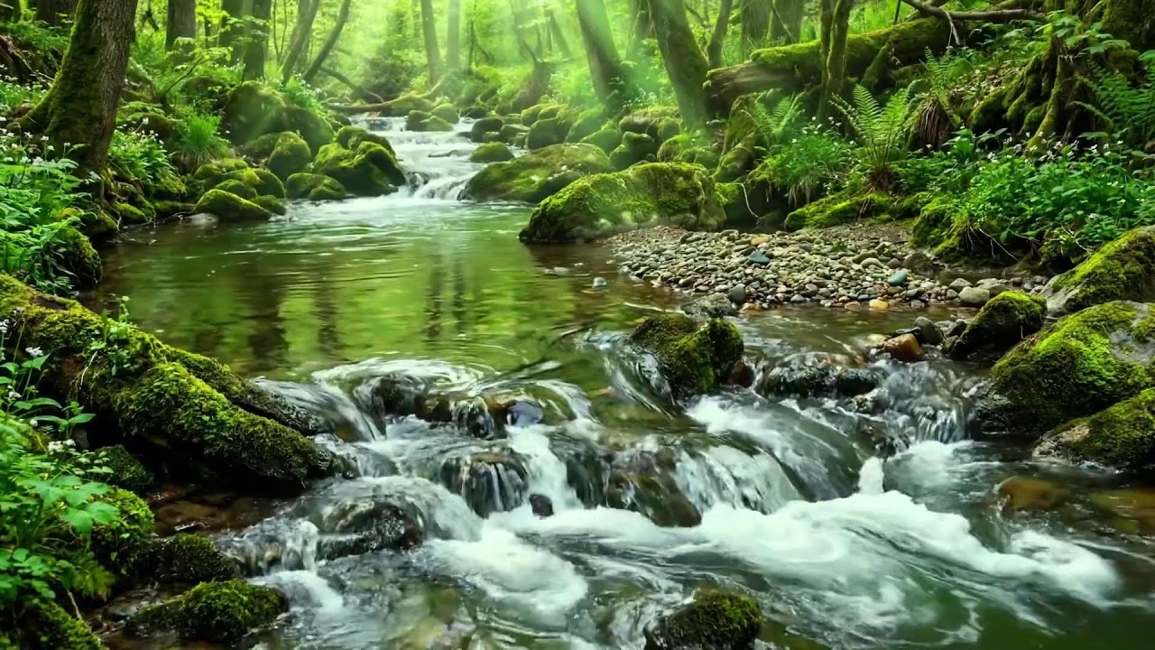 Gentle Stream Flow and Birds Singing in Green Forest, White Noise for Relaxation and Deep Sleep
