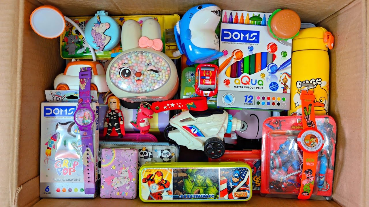 Unboxing Mix stationery collection - water bottle, doms colour, pencil box, sharpener, watch, pen