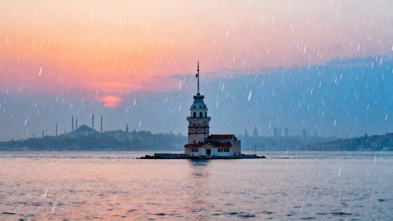 Rainy Istanbul Ambience at Maiden's Tower 🌧️🌉| Rain Sounds for Sleeping