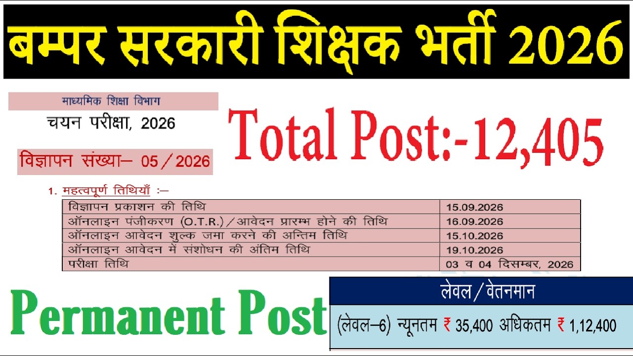 12405 POSTS, BIG NEW GOVERNMENT TEACHER RECRUITMENT 2026, APPLY ONLINE PERMANENT POST, PAY LEVEL 6