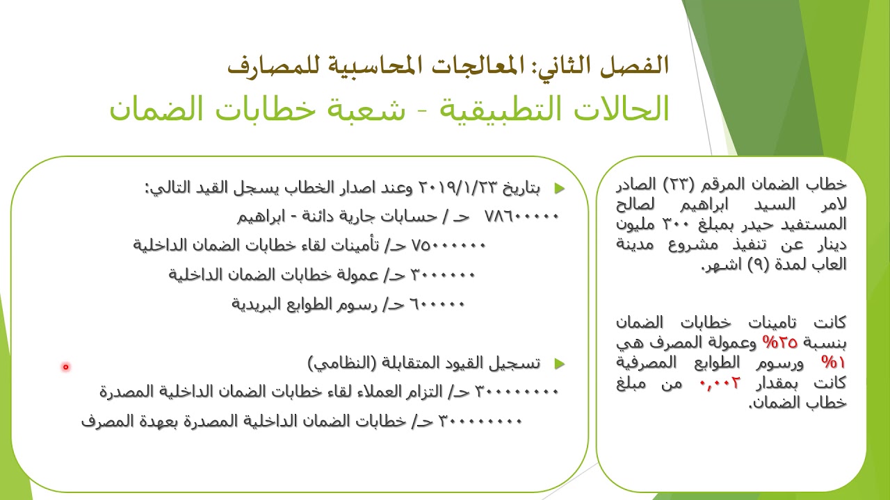 الحالات التطبيقية لشعبة خطابات الضمان والمعالجات المحاسبية بخصوصها 1
