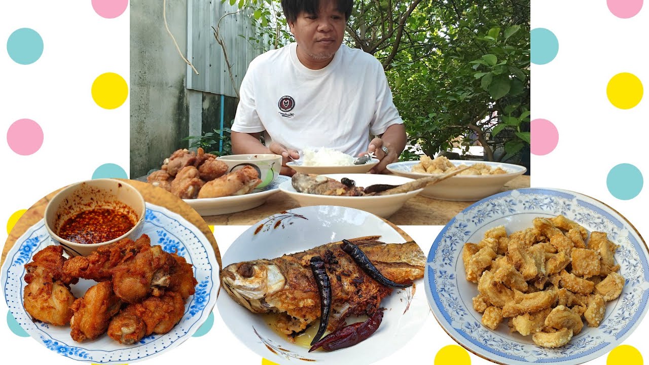 กินข้าวปลาส้มทอดบ้านหมี่ ไก่ทอด กากหมูพริกผงกันครับ