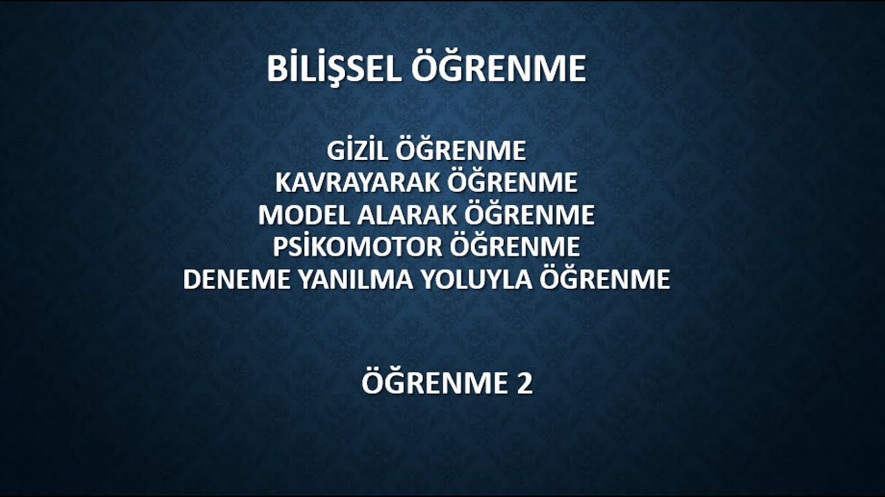 ÖĞRENME 2 - BİLİŞSEL ÖĞRENME/GİZİL/KAVRAYARAK/MODEL ALARAK/PSİKOMOTOR/DENEME YANILMA YOLUYLA ÖĞRENME