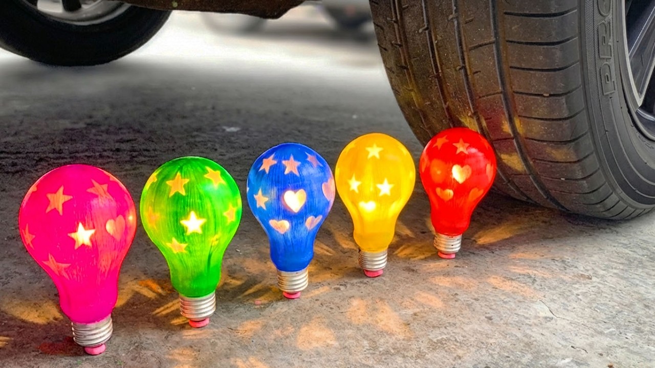 Experiment Glowing Light Bulb vs Car! Crushing Crunchy, Soft Things with Car! 🔴🟡🟢🔵🟣