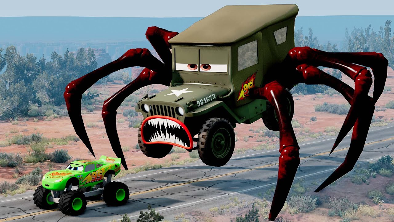 Epic escape from The Zombie Lightning McQueen Eater, Sarge Eater, Hugo Car Eater |BeamNG.Drive