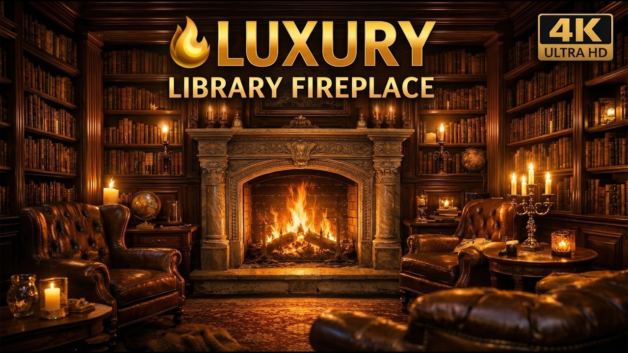 8 Hours Fireplace Sounds 🔥 Cozy Library Fire for Sleep & Relaxation (4K)