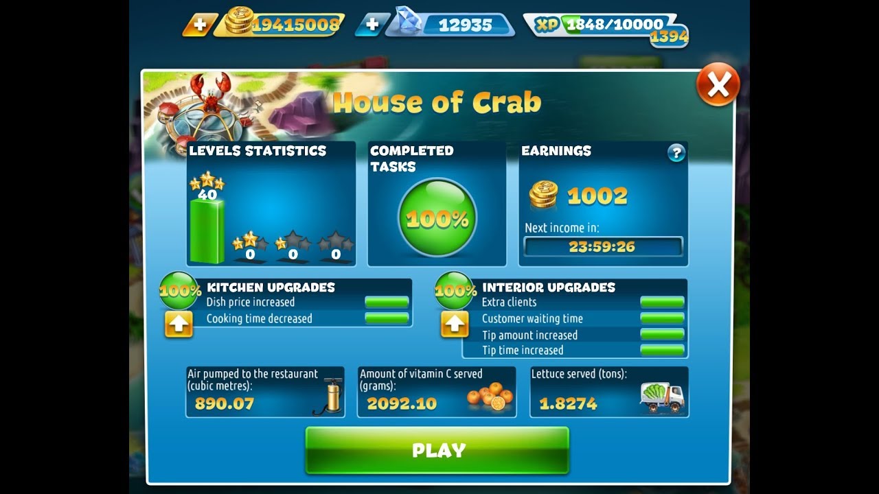Cooking Fever-House of Crab Level 1-40(3 Stars)
