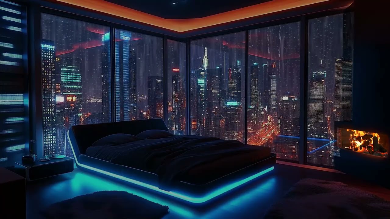 Cozy Bedroom Ambience View in City | Soft Rain Sounds & Fireplace Crackling For Sleeping