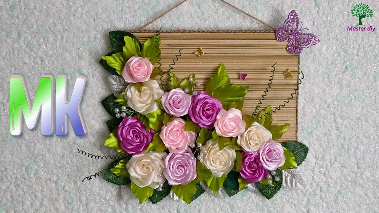 Прямоугольное панно 3Д на стену своими руками  Розы из атласной ленты Цветы из лент\Master diy