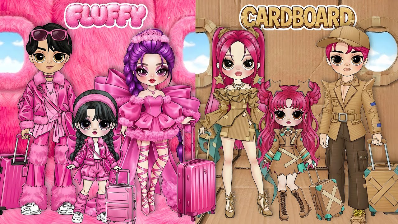 Huntrix & Saja Boys: Family Cardboard vs Family Fluffy AirPlane Fashion Battle| DIY Paper Dolls