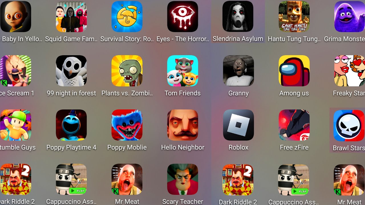 Grimace Monster Scary Survival,Dark Riddle 2,Poppy Playtime 4,Eyes The Horror,Hello Neighbor,Mr Meat