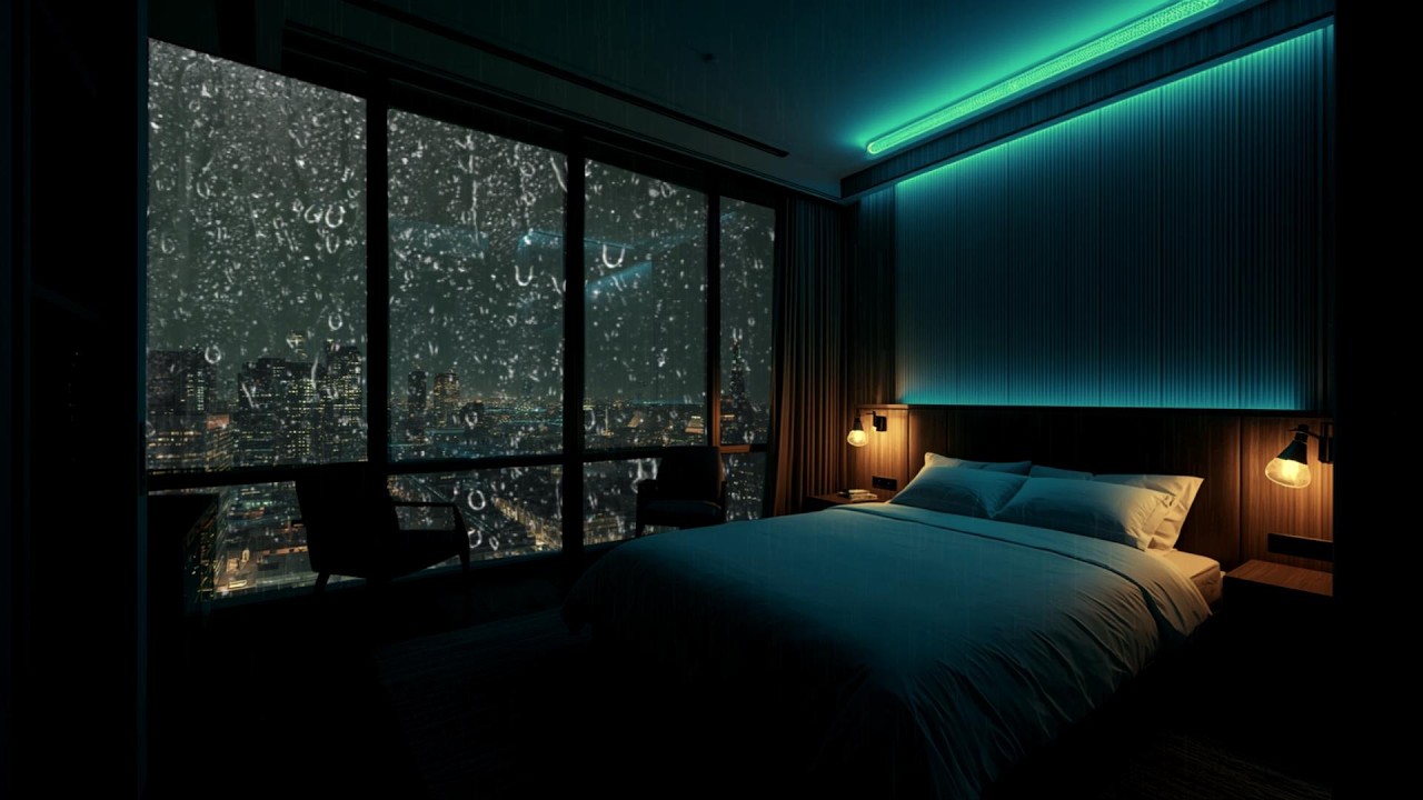 Calm Heavy Rain Sounds in Modern Bedroom with New York City Rainy Night View for Deep Sleep