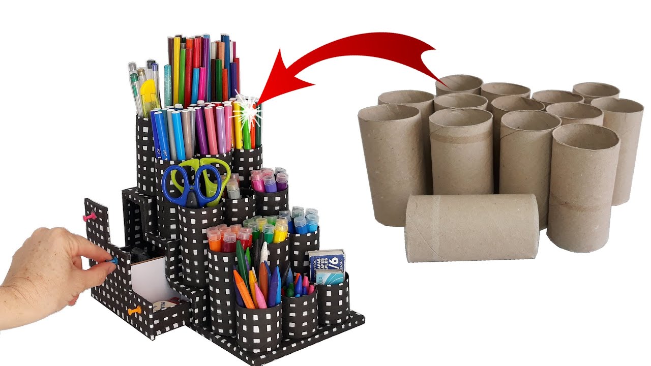 ¡Haga su organizador de escritorio con TUBOS DE CARTON en minutos! DIY Ideas de Reciclaje Creativo