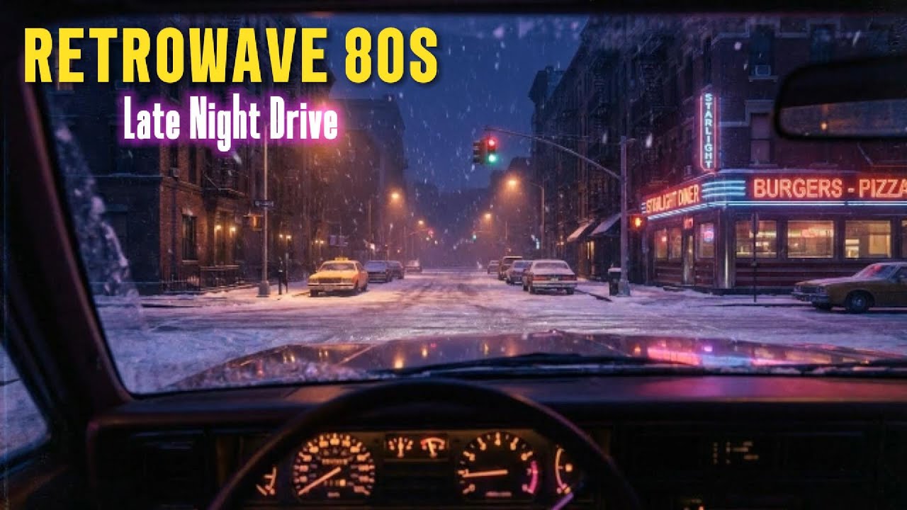 Synthwave Night Drive • Snowy Neon Diner Street 1986 • 80s Retro Music