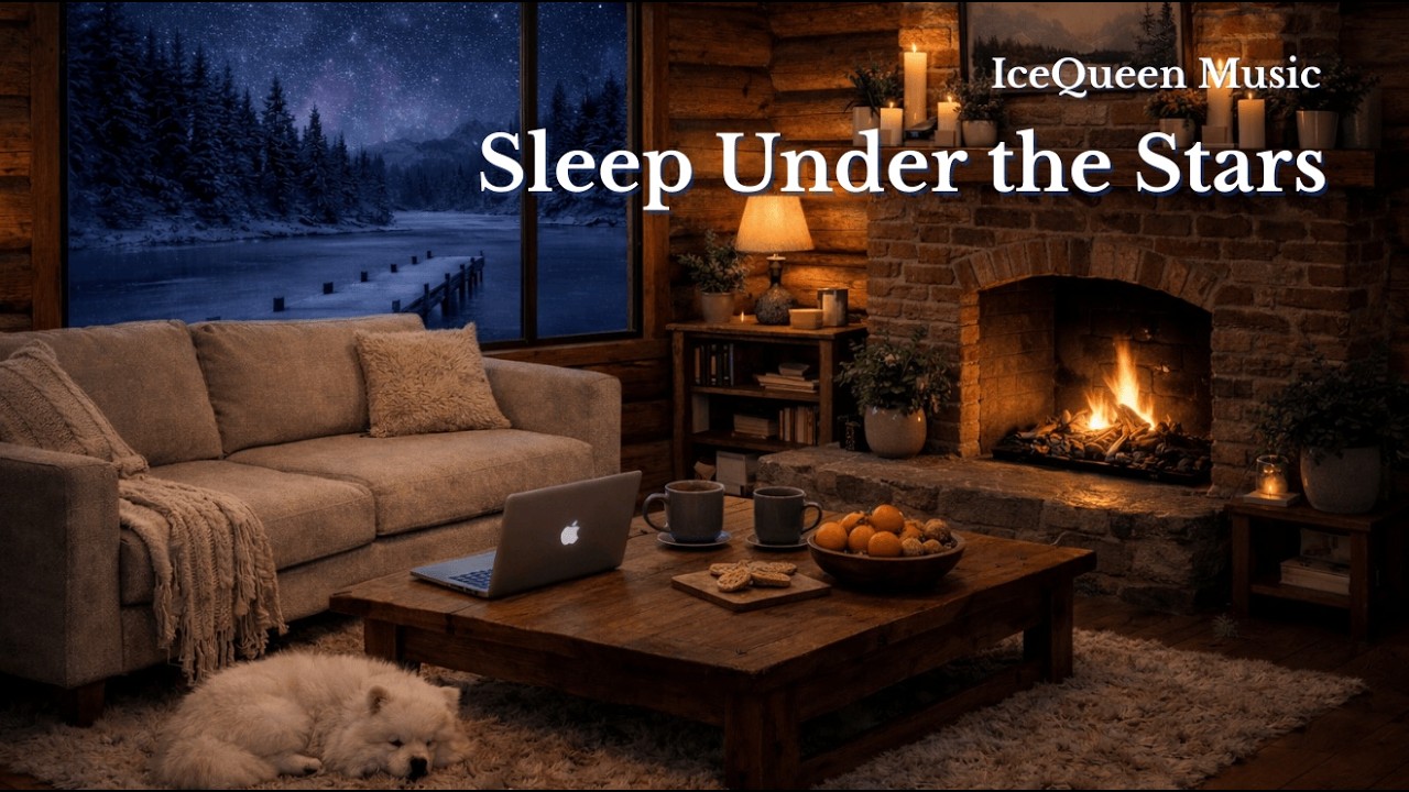 Starry Winter Cabin Ambience 🌌 Fireplace & Frozen Lake Night | Relaxing Sleep & Study Background
