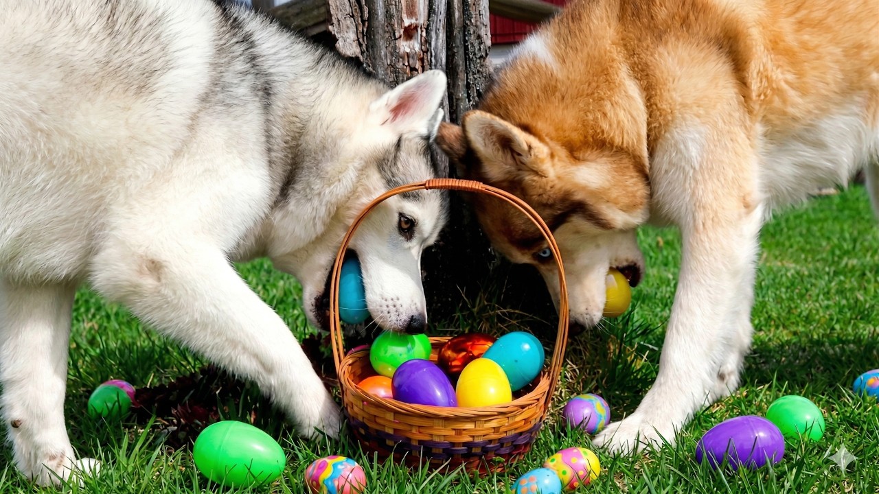 DOGS EASTER EGG HUNTING  | Huskies Hunt for Easter Eggs | Husky Easter Egg Hunt