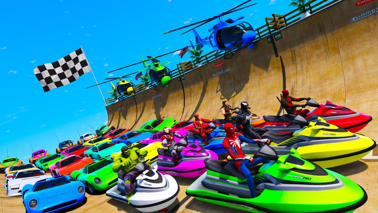 New Multi Ramp and Spider-Man Challenge with Cars Jet Ski Helicopters Epic Stunt Racing GTA 5