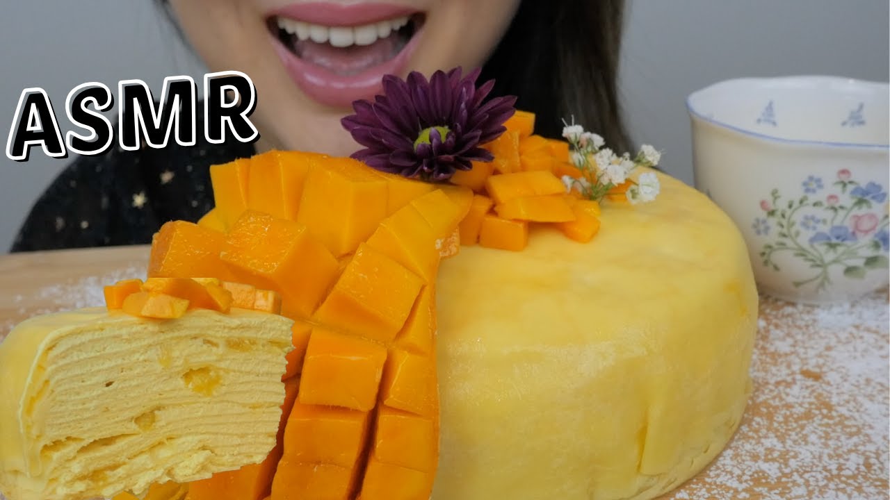 ASMR *Mango Crepe Cake with Fresh Mango Soft Relaxing Eating Sounds | N.E Let's Eat
