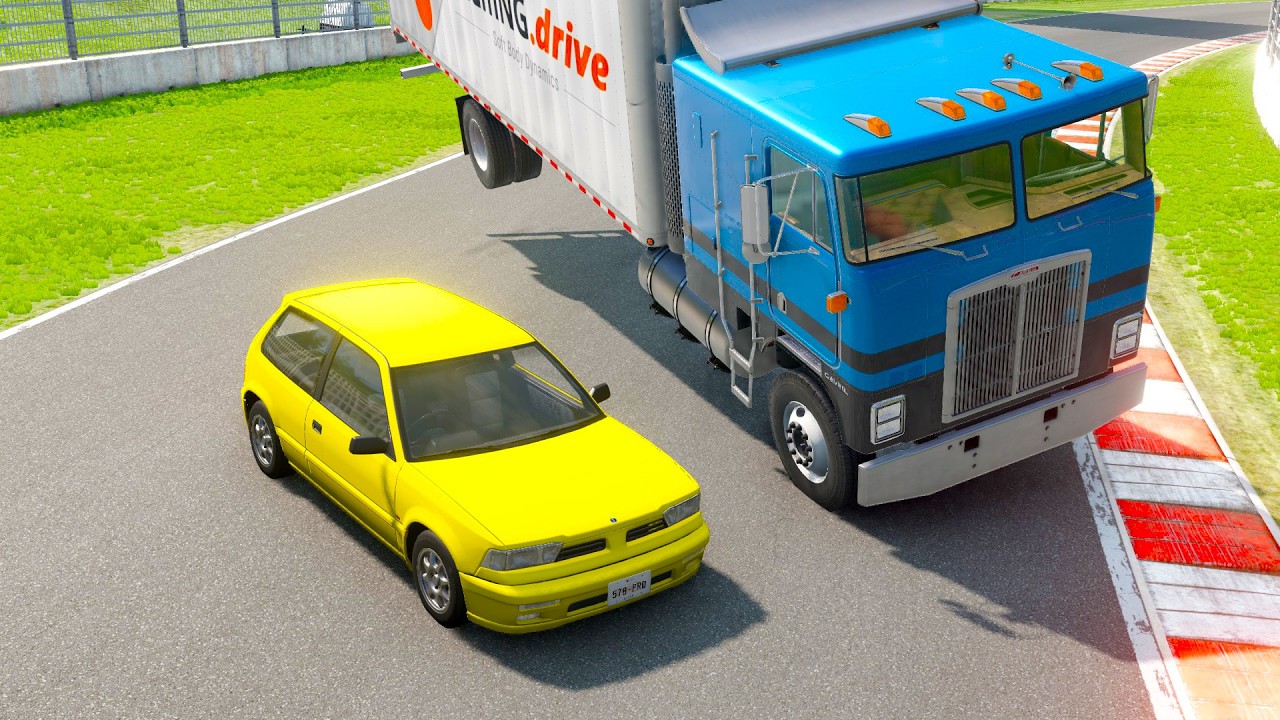 Double Flatbed Trailer Truck vs Speedbumps Train vs Cars | Tractor vs Train Beamng.Drive