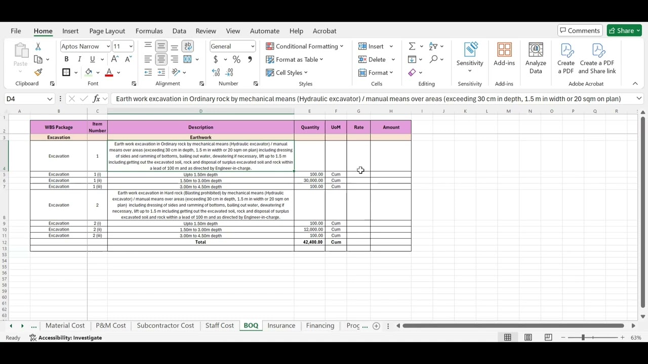 Спецификация в формате Excel для земляных и экскавационных работ.